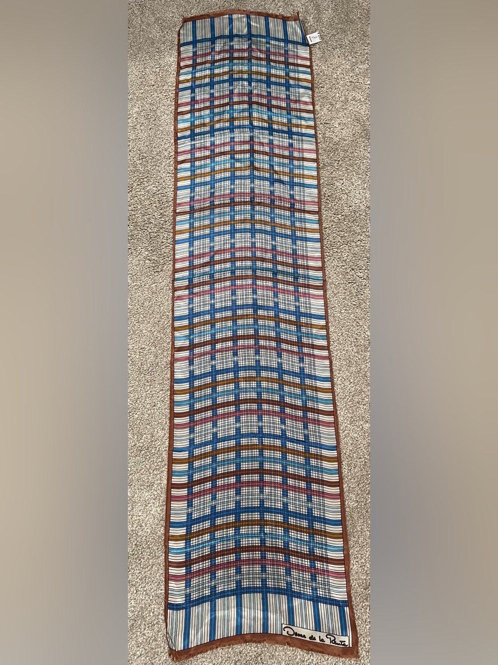 Vintage Geometric Plaid Oscar de La Renta Silk Scarf